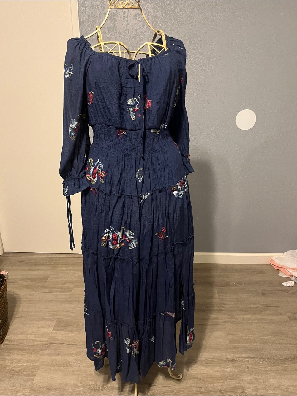 Navy Boho Tiered Long Dress with Floral Embroidery